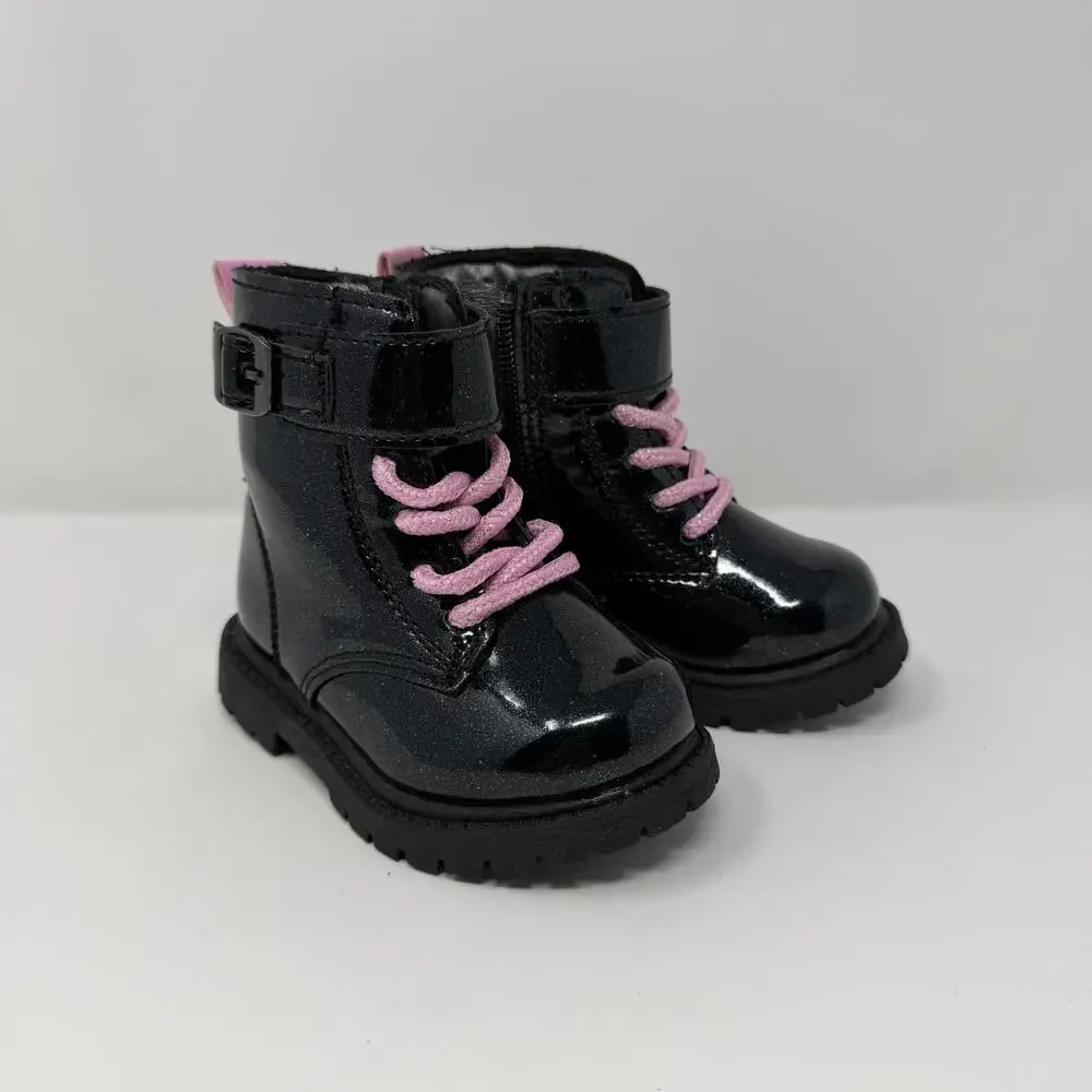 Carter’s Girls Black Patent Combat Boots Pink Laces 5M
